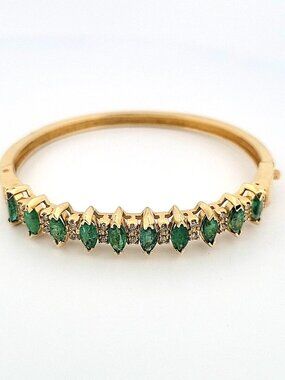 14K Yellow Gold Emerald & Diamond Bangle Bracelet, Marquise Emeralds, 7.5" Oval